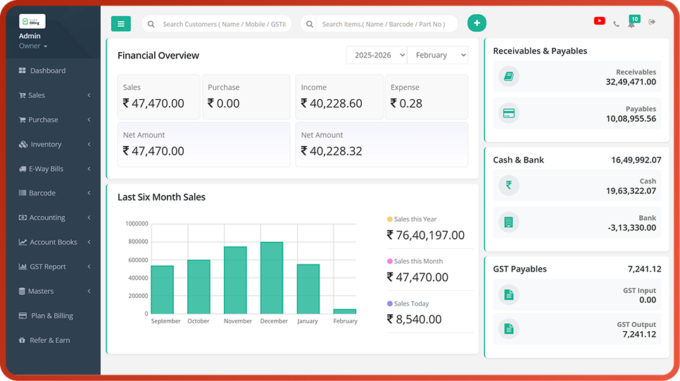 AccoTick Billing Software Dashboard Interface