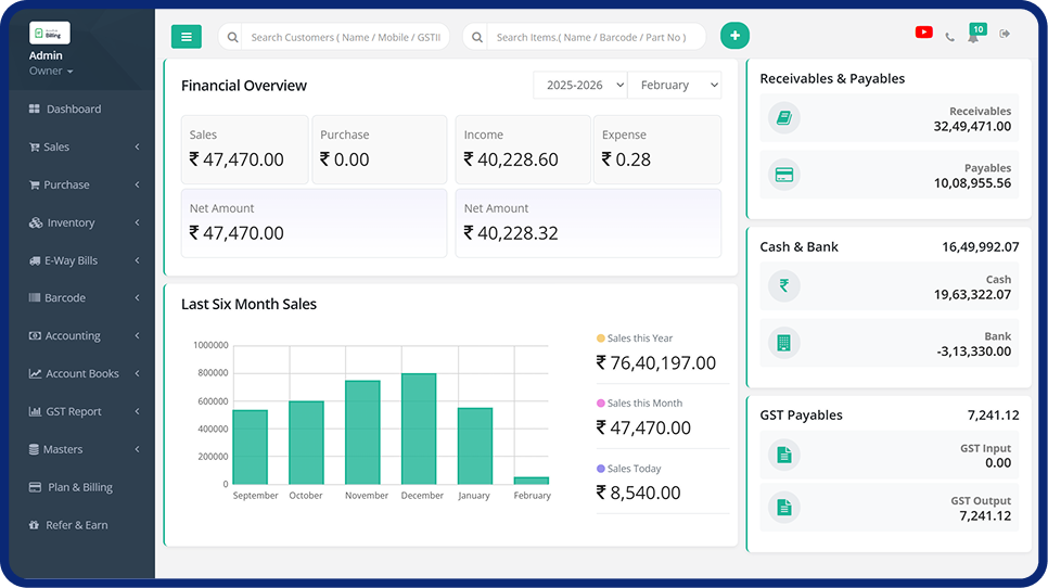 AccoTick Invoice Software Dashboard Interface