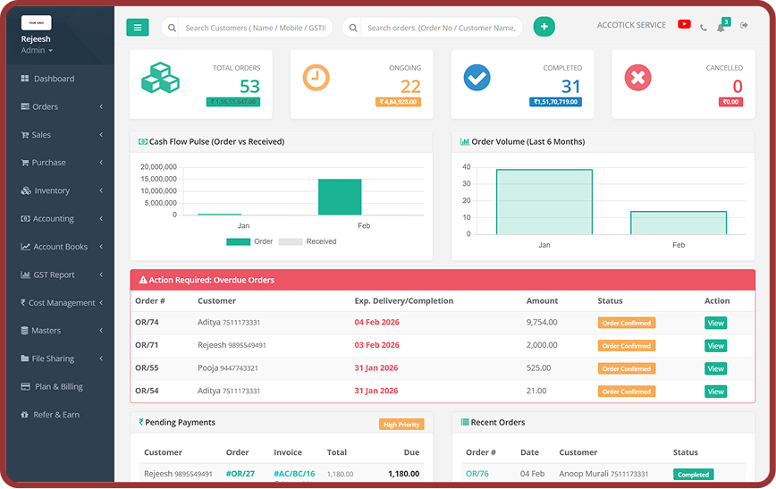 AccoTick Service Order Management Dashboard Interface
